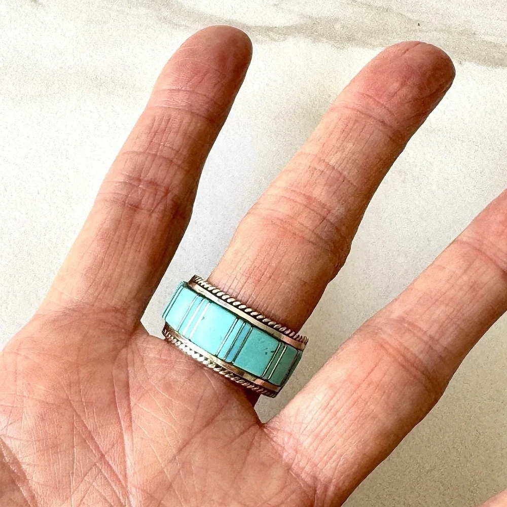 Mens Navajo Wedding Band 12 Ring Turquoise 12mm Inlay Signed Panteah Native Amer